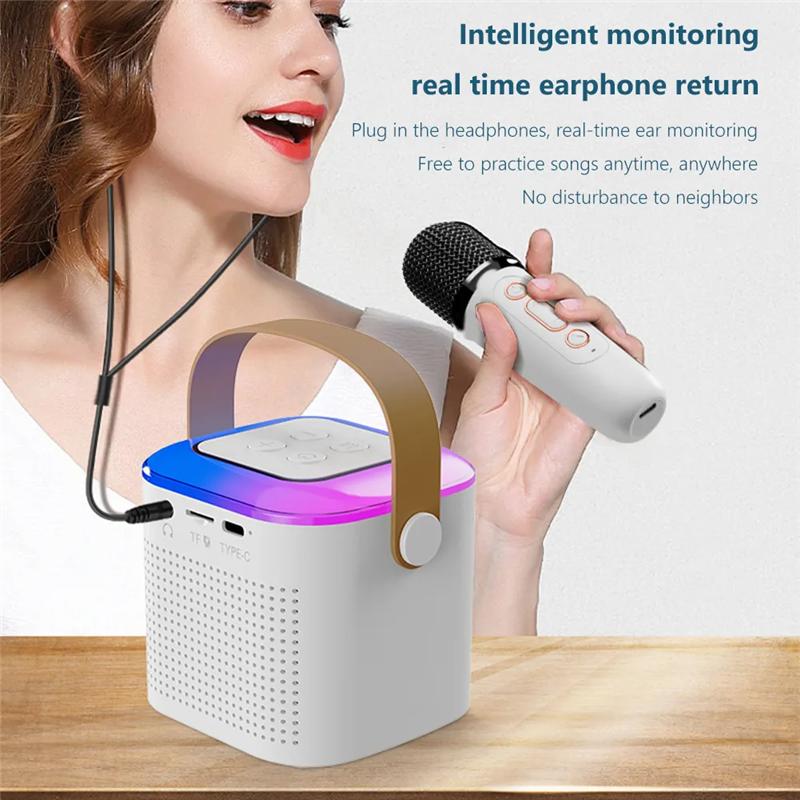 Y1 Mini Portable Karaoke Machine with 2 Wireless Microphones - Bluetooth 5.3 Speaker System with RGB LED Lights, Voice Effects & PA System for Kids & Adults