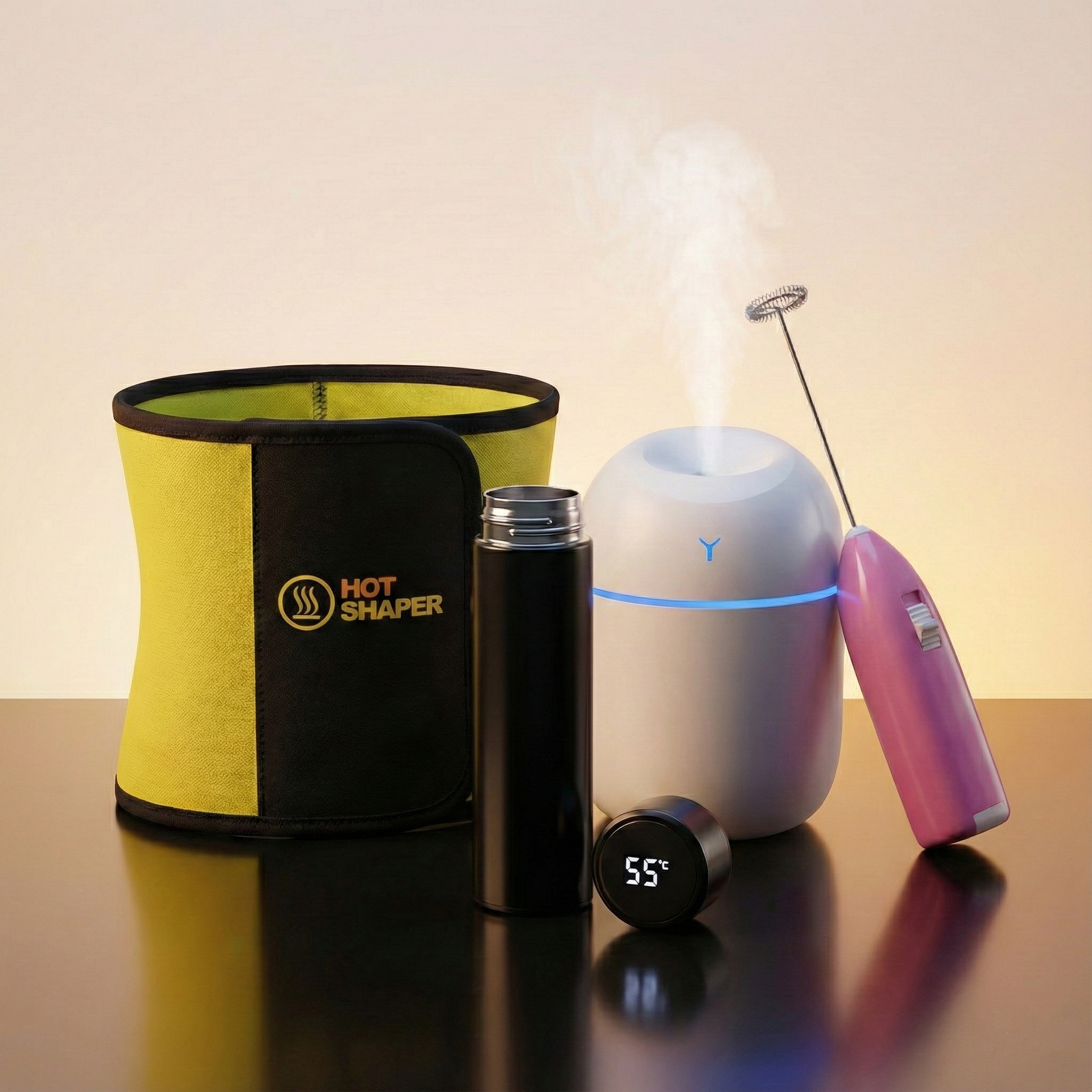Daily Wellness Essentials Bundle - Smart Water Bottle, Waist Trimmer Belt, Milk Frother & LED Humidifier | Complete Health & Fitness Lifestyle Package for Home, Gym & Office