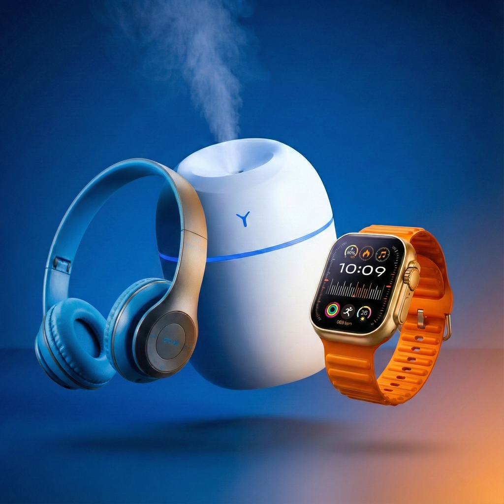Connected Life Tech Bundle - AS12 Smartwatch with Bluetooth Calling, P47 Wireless Headphones & LED Humidifier | Complete Digital Lifestyle Package for Fitness, Music & Home Comfort