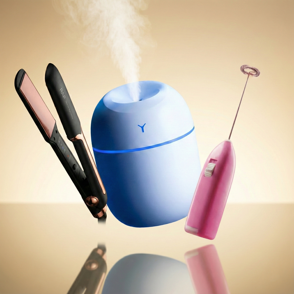 Morning Glow Essentials Bundle - RAF Professional Hair Straightener, Electric Milk Frother & LED Humidifier | Complete Beauty & Lifestyle Package for Hair Styling, Coffee & Home Ambiance
