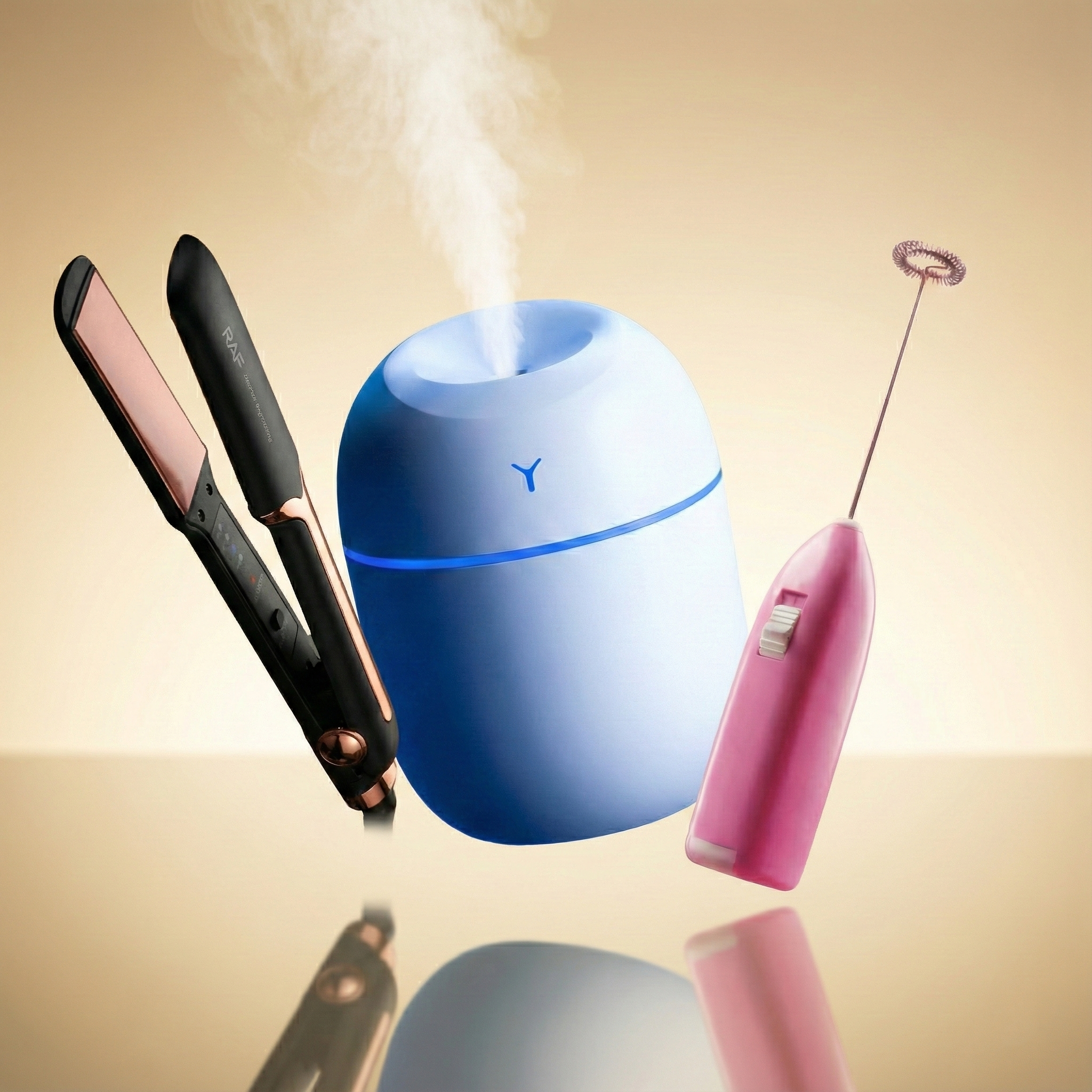 Morning Glow Essentials Bundle - RAF Professional Hair Straightener, Electric Milk Frother & LED Humidifier | Complete Beauty & Lifestyle Package for Hair Styling, Coffee & Home Ambiance