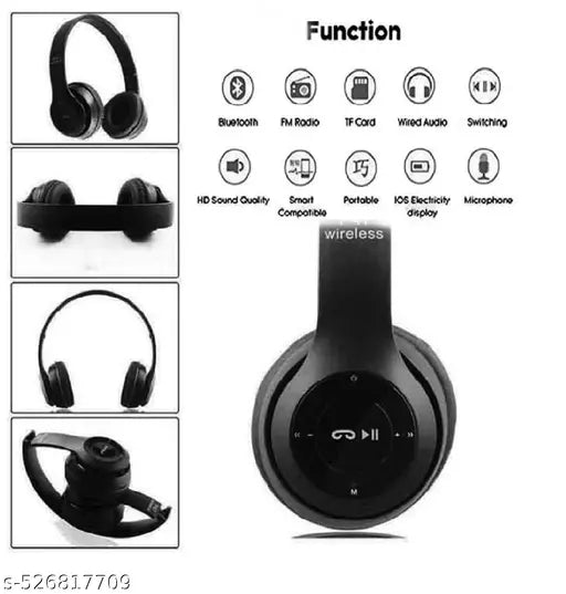 P47 Wireless Bluetooth Headphones - Over-Ear Foldable Headset with Microphone, FM Radio, TF Card Support & Super Bass